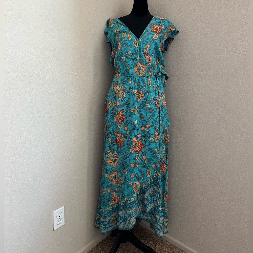 Band of the Free Floral Surplice Neckline Wrap Maxi Dress Sz M, Boho, Romantic